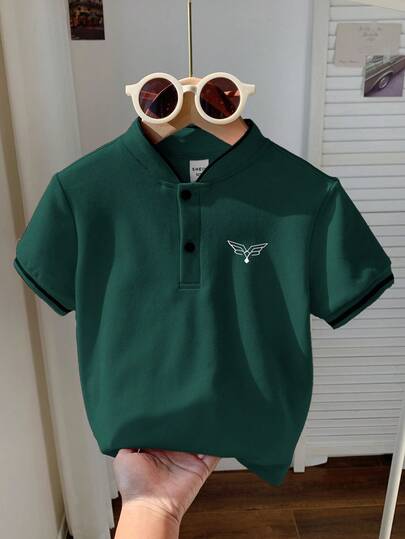 LMoss Kids 1 pieza Camisa polo de manga corta con cuello colegial y gráfico tejida ajustada para niños pequeños, adecuada para uso diario, escuela, salidas, deportes, primavera/verano