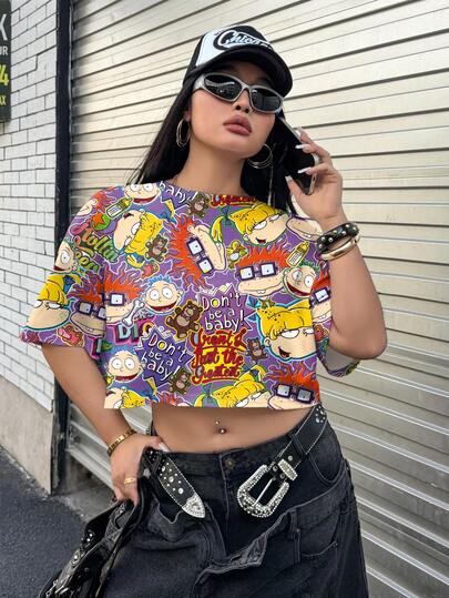 Nick 90s | SHEIN Plus Size Women's Cartoon Print Short Sleeve T-Shirt, Nick 90s