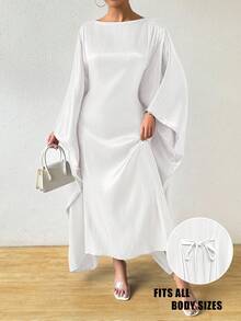 Rafferiza Abito lungo casual e comodo da donna con scollo rotondo, maniche a pipistrello e colore tinta unita, adatto per vacanze e abbinamenti - Bianco - Visualizzare 5
