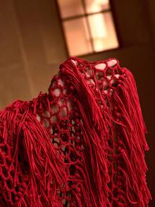 MOTF PREMIUM BEADED DECOR TASSELED SHEER VACATION SWIMSUIT COVER UP MID-LENGTH DRESS - Red - View 8