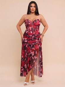 SHEIN BAE Plus Size Women's Green Spaghetti Strap Dress With Slit And Ruched Details, Elegant For Early Autumn - Multicolor - View 4