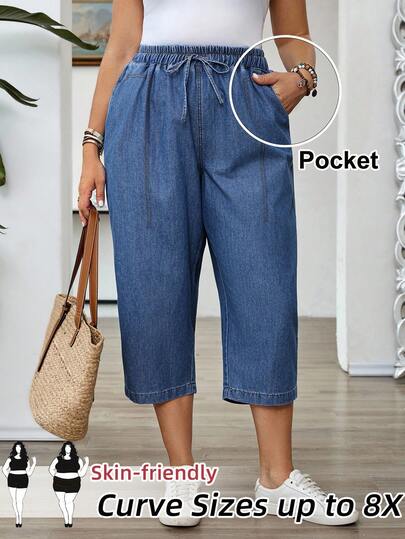 SHEIN CURVE+ Plus Size Women Drawstring Waist Pocket Casual Versatile Daily Wear Denim Jeans  Summer Outfits For Women Jean Women Baggy Jeans Capris Jeans For Women Jeans For Women Elastic Waist Summer Outfits Spring Outfit Women Festival Outfits For Women Beach Outfits Vacation Outfits Women Summer Holiday Outfits Country Concert Outfit Blue Jeans