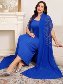 SHEIN Clasi Plus Size Rhinestone Embellished Robe & Dress 2 Pieces Set - Royal Blue - View 10