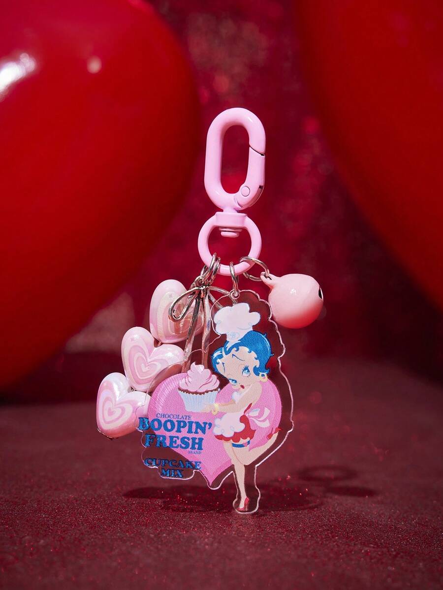 Betty Boop x SHEIN 1 Móc khóa hình chuông tình yêu màu hồng Betty Boop, mặt dây chuyền hình ngôi sao và nơ, phụ kiện nhỏ dễ thương cho túi xách. - Nhiều màu - Xem 1