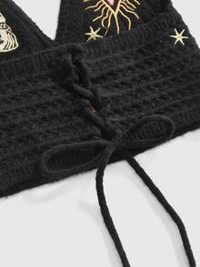 ROMWE Hippie Áo hai dây cổ yếm màu tối, áo croptop hở lưng thêu hình trái tim và mặt trời kiểu retro. - màu đen - Xem 4