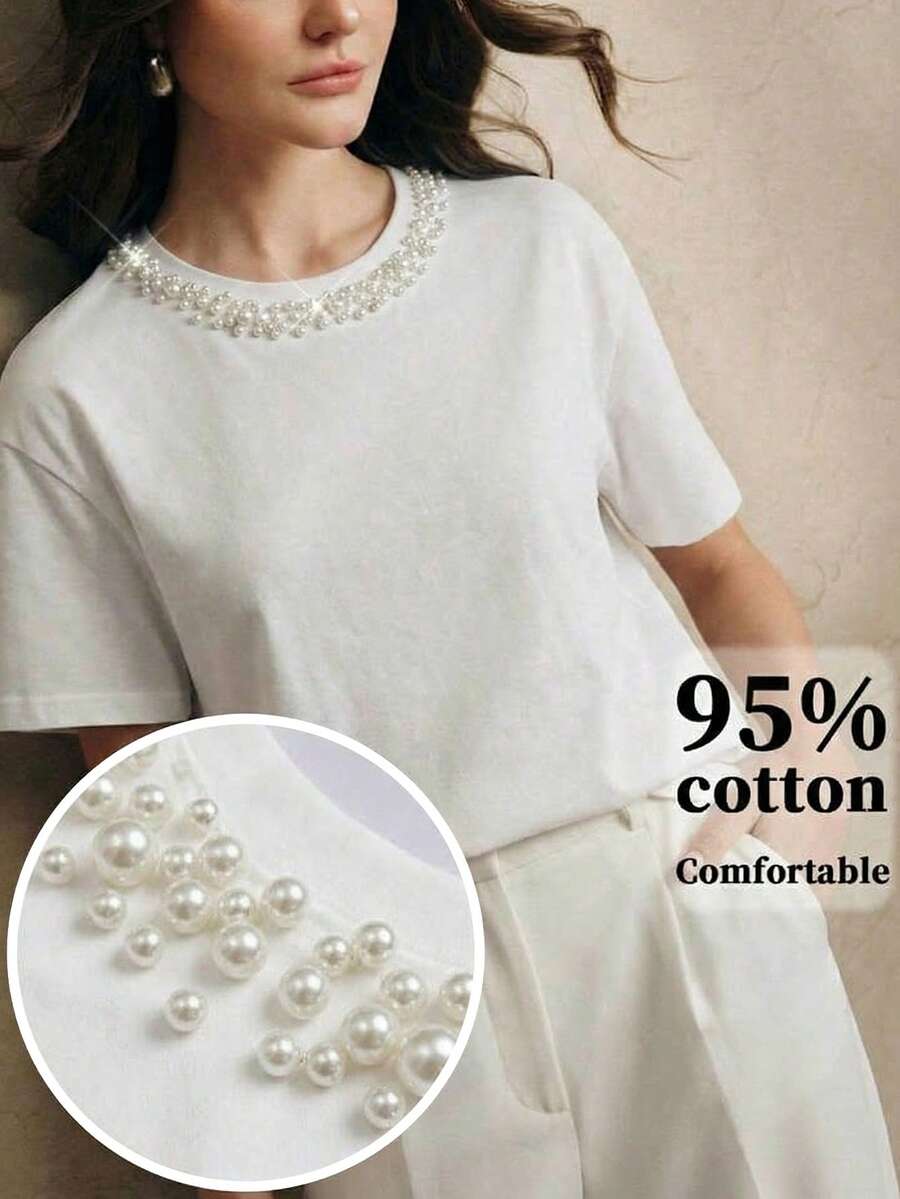 Anewsta Camiseta elegante de mujer con adornos de strass, adecuada para el uso diario - Blanco - Ver 1