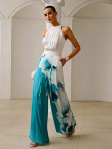 ZEYLAH 女士优雅印花露背连体裤，春夏款 - 水鴨藍 - 查看 8