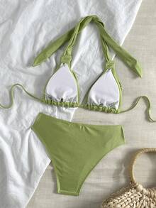 Bonvoyette Conjunto de bikini de halter elegante y casual para vacaciones, traje de baño hecho a mano con cuerda para fiesta en la piscina de la isla - Verde - Ver 6