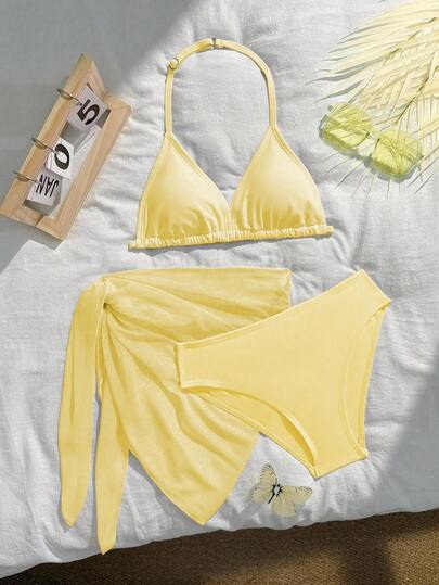 SHEIN Girls Two Piece Swimsuit New Summer Solid Color Halter Design Kids Bathing Suit Baby High Elastic Skin Friendly Breathable Beach Vacation Hot Spring Water Play Swimwear For Big Kids Parent Child Sun Protection Swimming Gear