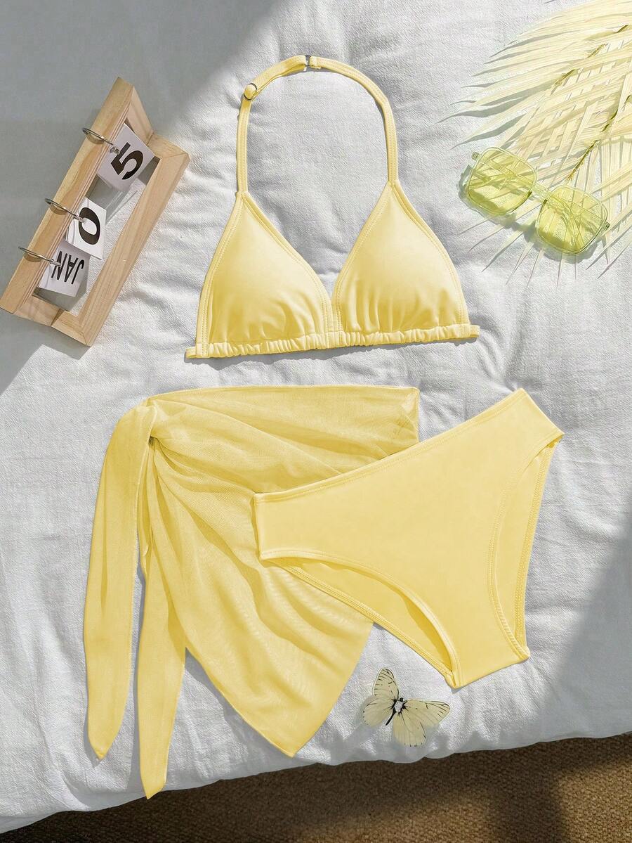 SHEIN 女童两件式泳衣,新款夏季纯色挂脖设计,高弹亲肤透气,适合海滩度假、温泉戏水,大童防晒泳装 - 黃色 - 查看 1