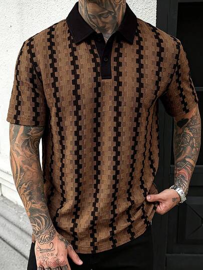 Manfinity CasualCool 男士撞色 Polo 衫，复古几何提花休闲上衣