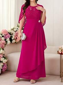 Ellevyn Women's Elegant Long Contrast Lace Dress With Cape Design - Hot Pink - View 3