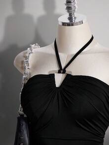 SHEIN ICON Đầm đen xếp ly cổ yếm dành cho nữ cỡ lớn - màu đen - Xem 5
