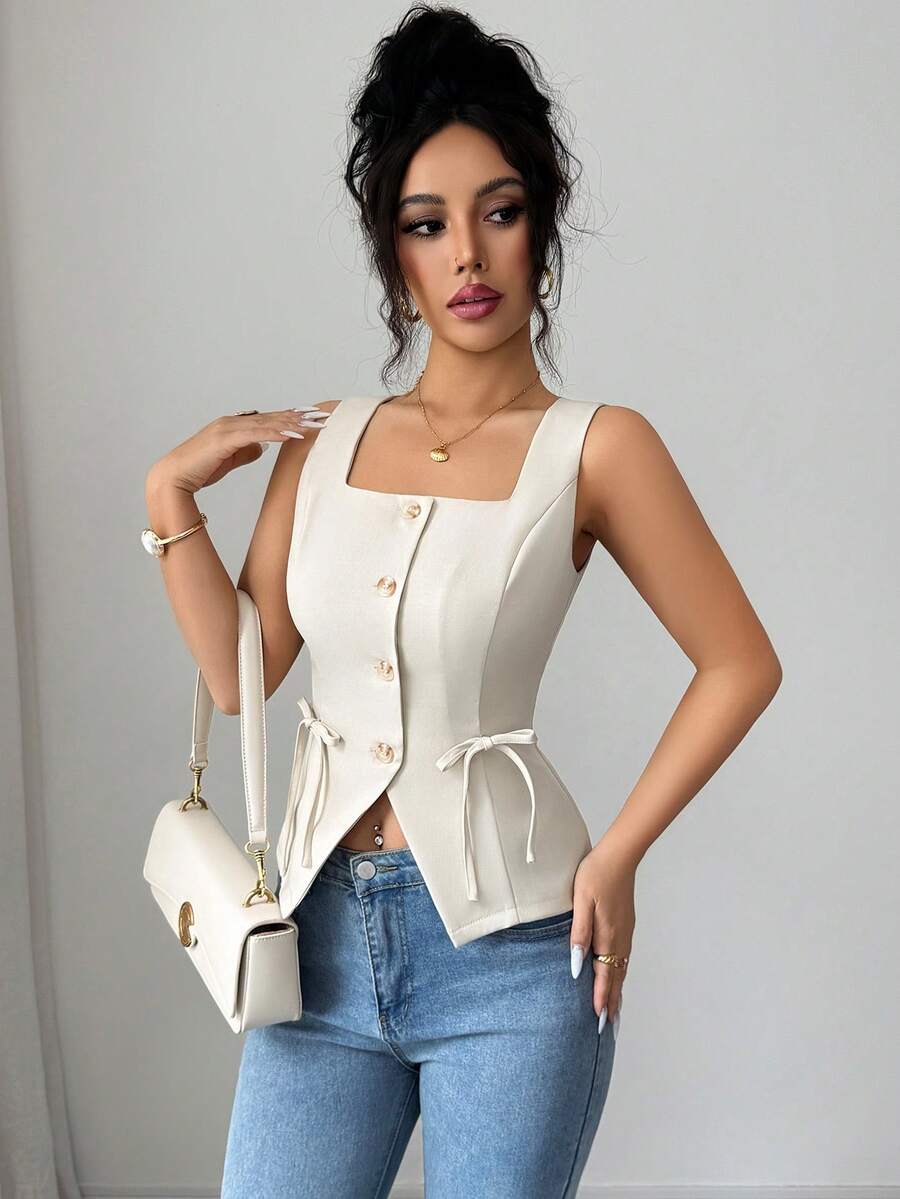 Elenzga Áo hai dây nữ thanh lịch cổ vuông, thắt eo, có nơ, thích hợp mặc đi làm và mùa xuân/hè. - Màu be - Xem 1