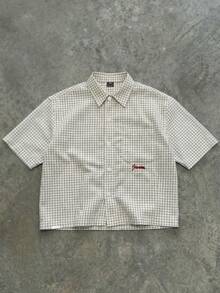 SUMWON Mens Crop Fit Checkered Button Down Short Sleeve Shirt Contrast Embroidery Casual Summer Cotton Blend Collared Top - Black and White - View 1