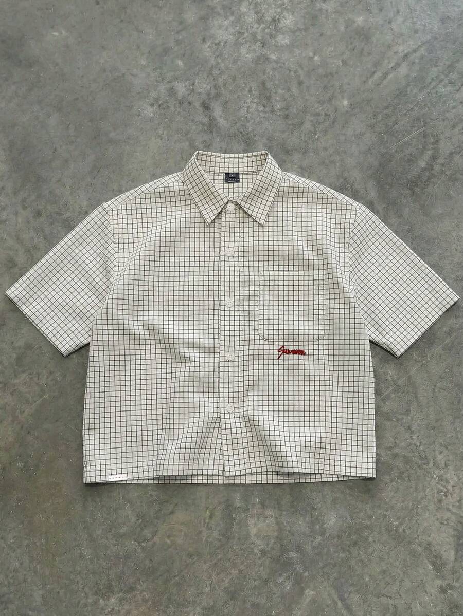 SUMWON Mens Crop Fit Checkered Button Down Short Sleeve Shirt Contrast Embroidery Casual Summer Cotton Blend Collared Top - Black and White - View 1
