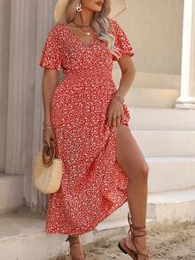 Ceyna Plus Size Women's Floral Print Batwing Sleeve Waist Shirred Short Dress Maxi Women Outfit Holiday Beach Holiday Red Floral Summer Boho - Red - View 6