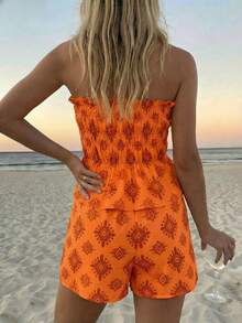 Vivid Eden 女士条纹荷叶边抹胸上衣短裤套装，度假装，夏季度假装，女士夏季装，女士夏季套装，女士夏季套装，度假装，女士节日装，女士休闲印花两件套，女士沙滩两件套，女士度假套装，女士夏季套装，女士度假装，度假女士夏季套装 - 橘色 - 查看 14