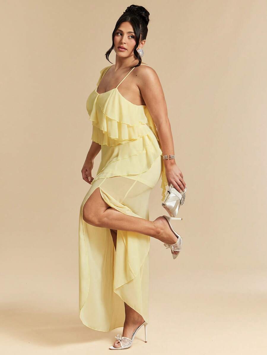 SHEIN BAE 大码女式纯色拼接荷叶边侧开衩优雅连衣裙