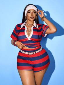 Maweii Damen Große Größen Retro Klassisch Gestreift Lässig Locker Kurzarm T-Shirt und Shorts 2-Teiliges Set - Verschiedenfarbig - Übersicht 4