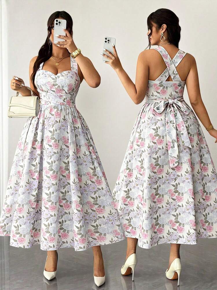 SHEIN Elenzya Plus Size Women's Elegant Floral High-Stretch Fabric Spaghetti Strap Wrap Tie Waist Bow Ruched Maxi Dress, Versatile Design For Party, Music Festival, Casual, Vacation, Date Night, Valentine's Day - Multicolor - View 3