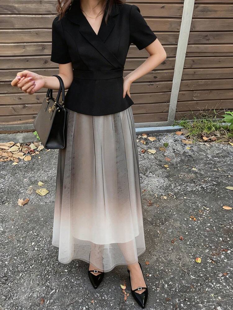 Spring/Summer White Rhinestone Sequin Decor Gradient Mesh Patchwork Waist Elegant Dress, Suitable For Valentine's Day, Wedding, Party, Formal Occasion Business Casual Woman Maxi Dress Sundress
