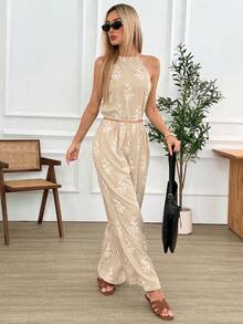 Easowa Women's Vacation Embroidered Halter Top And Wide Leg Pants Casual 2 Pieces Set Two Piece Set For Women Coords For Women Casual Classy Apricot Halter-Neck Top And Long Pants Set Birthday Outfits For Women Jumpsuit Floral Jumpsuit For Women Elegant Jumpsuits For Woman Elegant For Party Rompers And Jumpsuits For Women Backless Jumpsuits Vacation Outfits Women - Khaki - View 7