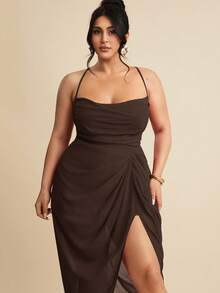 SHEIN BAE Plus Size Women's Summer Textured Sexy Split Thigh Formal Dress,Summer Dresses For Women,Wedding Guest Dress Women - Brown - View 5