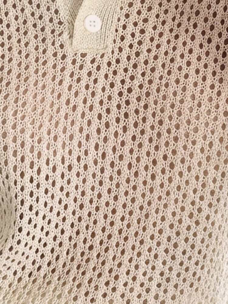 Women's Collared Fitted Hollow-Out Shiny Knit Top