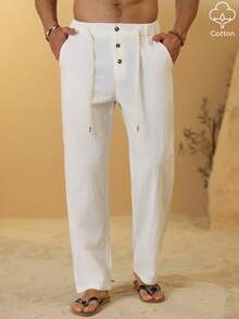 VENTUSAIL Men's Solid Color Drawstring Waist Linen Casual Pants - White - View 3