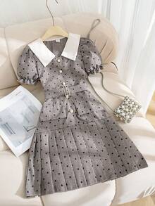 SHEIN Elladie kids 女童夏季新款白色翻领连衣裙，灰色波点印花前片，收腰设计，休闲简约时尚连衣裙 - 灰色 - 查看 9