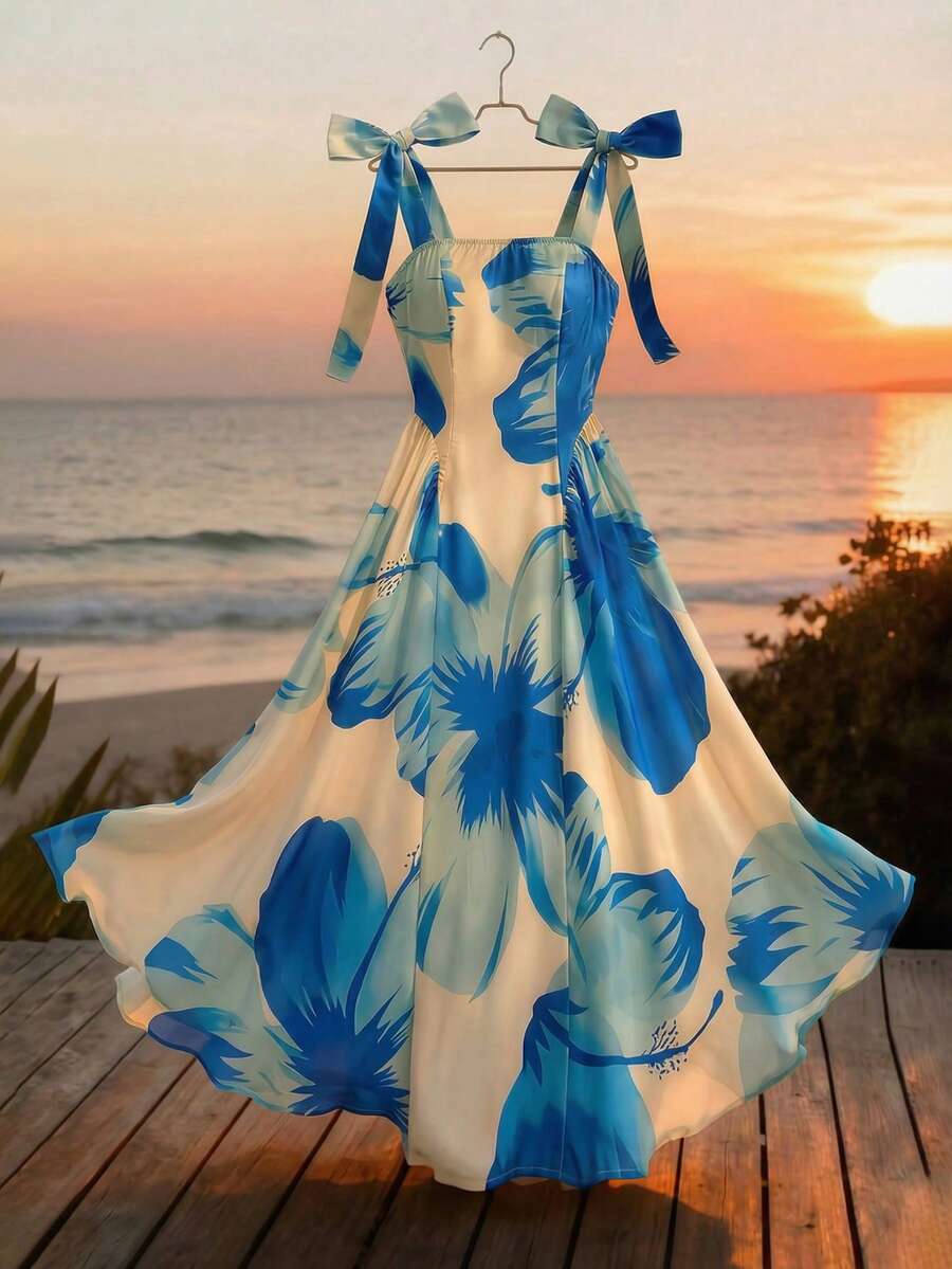 GlowEve CURVE Women's Sleeveless Floral Print Dress,Blue Butterfly,Summer,Beach,Holiday,Holiday,Cinched Waist A-Line Style For Vacation Garden Stroll - Multicolor - View 1