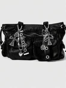 ROMWE 2 Y2k Retro Unique Personalized Heavy Industry Punk Dark Wind Goth Black Glossy Leather Metal Air Eye Hole Eye Wrist Strap Ancient Silver Demon Bat Wings Square Letters "Dark" Pin One Arrow Through The Heart Hollow Star Ring Dripping Oil Thorns Rose Love Uneven Skull Cross DIY Keychain Bag Pendant Pendant, Combination Set, Suitable For Women, Girls, Sisters, Girlfriends, Couples Daily Wear, Holiday Gifts - Black - View 2