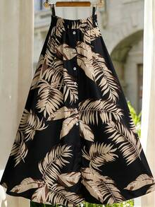 Breezaya Women's Tropical Plant Print Casual A-Line Skirt - Black - View 3