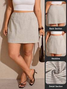 Elaquor Plus Size Women Striped Casual Versatile Date & Travel Skorts - Apricot - View 5