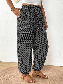 SHEIN Frenchy Quần ống rộng cỡ lớn in họa tiết toàn thân, kiểu dáng thường ngày, thắt nút, thích hợp cho kỳ nghỉ. - màu đen - Xem 6