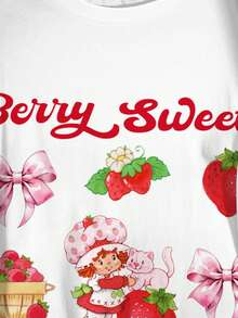 Strawberry Shortcake X SHEIN Plus Size Summer Casual Cute Strawberry Print Round Neck Short Sleeve T-Shirt - White - View 5