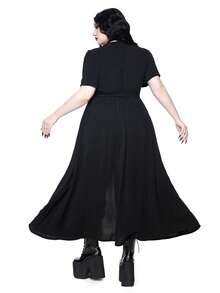 ROMWE Gothic Style Summer Vacation Snake Skin & Floral Print Deep V-Neck High Slit Plus Size Dress For Women - Black - View 3