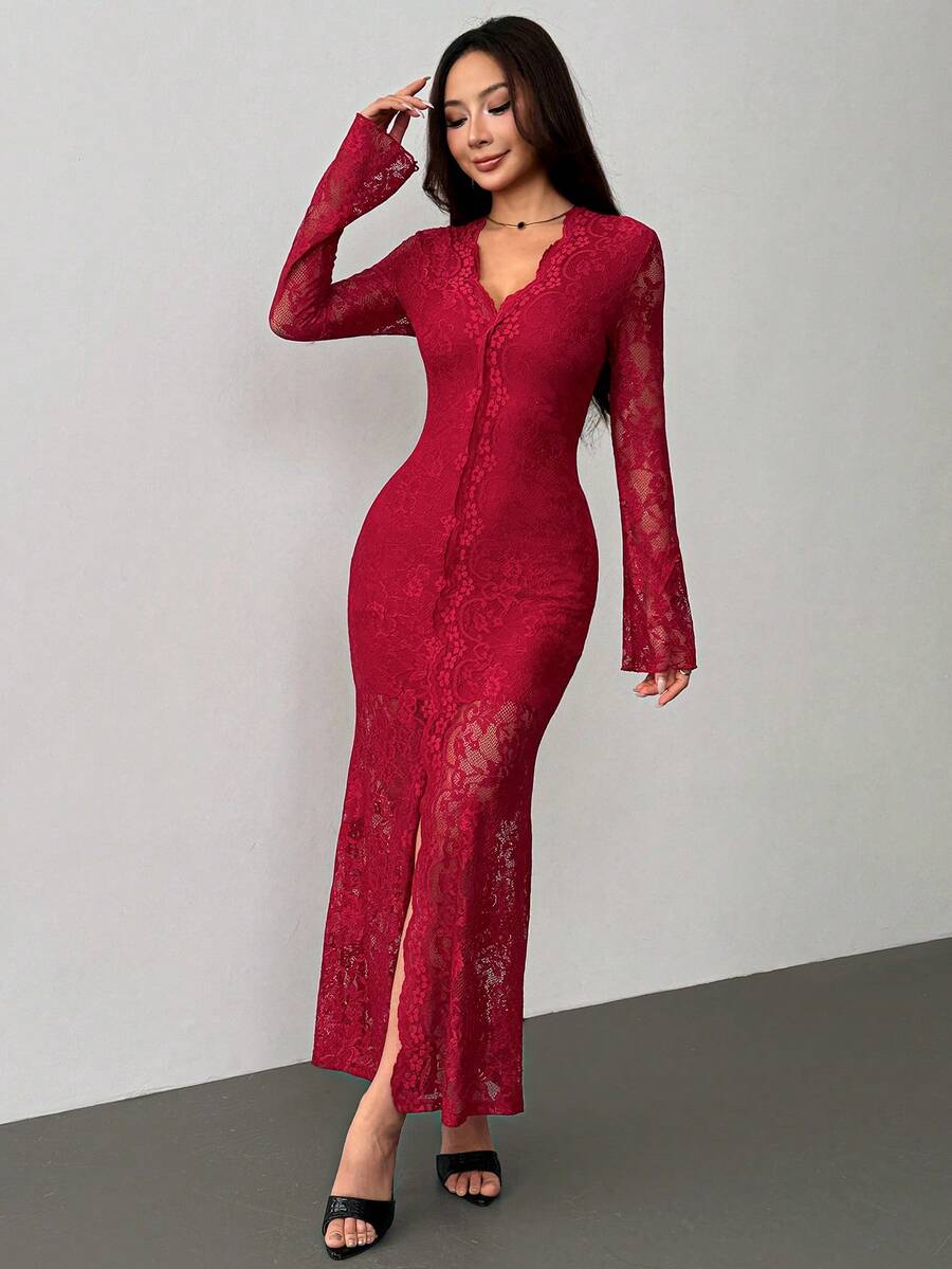 SHEIN PETITE 性感黑色深V領高開衩長喇叭袖緊身夜店洋裝,夏季女款洋裝,茶會洋裝,紅色洋裝,適合嬌小女性 - 紅色 - 查看 1