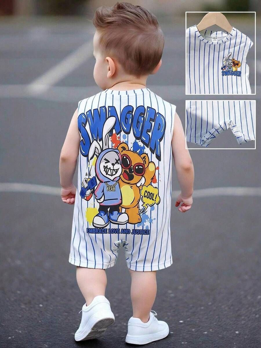 Bubblio Newborn Baby Boy Cute Summer Casual Knit Cartoon Pattern Striped Short Sleeve Romper - Multicolor - View 1