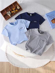 SHEIN Bộ 3 món áo ngắn tay đơn giản, thời trang, màu trơn cho bé trai, chất liệu mềm mại, thoải mái, phù hợp mặc thường ngày, ở nhà hoặc đi học, thiết kế tối giản phù hợp mọi dịp, lý tưởng cho mùa hè. - Nhiều màu - Xem 3