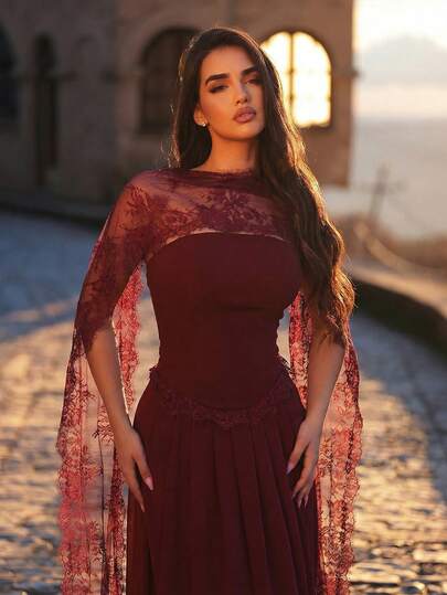 Aureia Elegant, Glamorous, And Charming, This Burgundy Dress Features Lace Trim And Pearl Accents, Eyelash Lace Embellishments, A Strapless Design, Flowing A-Line Silhouette, And A Short Train. Suitable For All Formal Occasions, Including Weddings, Parties, Holidays, Photo Shoots, And Evening Gowns.