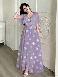 Modelyn Đầm dài họa tiết hoa hồng nhỏ, cổ chữ V, thiết kế bèo nhún ở vai, eo thắt, hai lớp, thích hợp cho kỳ nghỉ hè và mặc hàng ngày, họa tiết hoa oải hương. - Nhiều màu - Xem 5