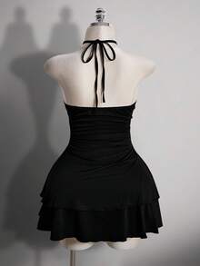 SHEIN ICON Đầm đen xếp ly cổ yếm dành cho nữ cỡ lớn - màu đen - Xem 2