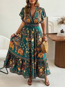 Ceyna Plus Size Women's New Summer Bohemian Style Printed Casual Dress, Pattern Flare Sleeve Waist Dress, Deep V-Neck Maxi Dress With Flared Dress, Fitted Top Flared Dress Maxi Dress Elephant Print Dress V Neck Floral Dress Bohemian Maxi Dress,Hemp Leaf Sleeve Long Summer Dress, Resort Wear Women Vacation Dress Bohemian Outfit For Women Dress Boho - Multicolor - View 1