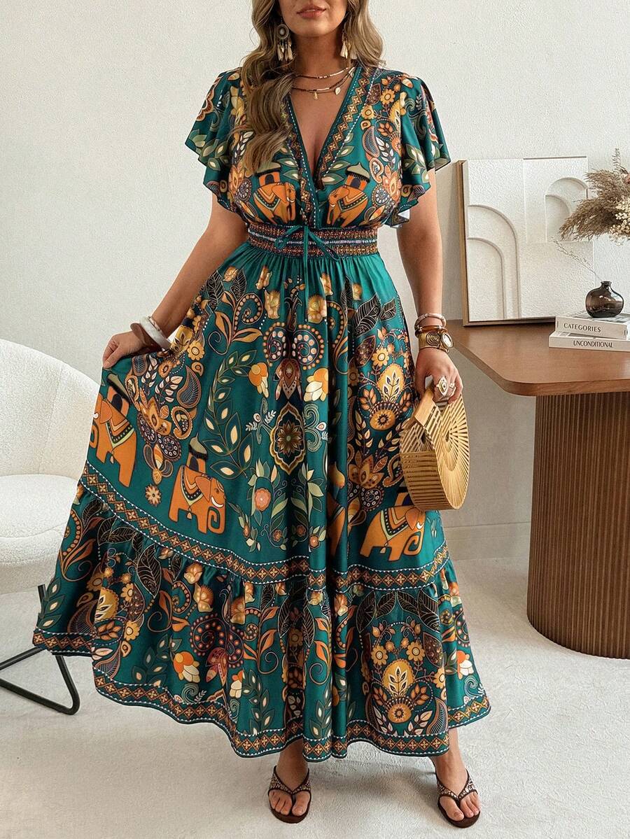 Ceyna Plus Size Women's New Summer Bohemian Style Printed Casual Dress, Pattern Flare Sleeve Waist Dress, Deep V-Neck Maxi Dress With Flared Dress, Fitted Top Flared Dress Maxi Dress Elephant Print Dress V Neck Floral Dress Bohemian Maxi Dress,Hemp Leaf Sleeve Long Summer Dress, Resort Wear Women Vacation Dress Bohemian Outfit For Women Dress Boho - Multicolor - View 1