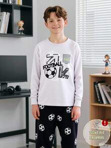 男童休闲舒适字母足球印花修身圆领长袖上衣和裤子两件套家居服套装 - 灰色 - 查看 3