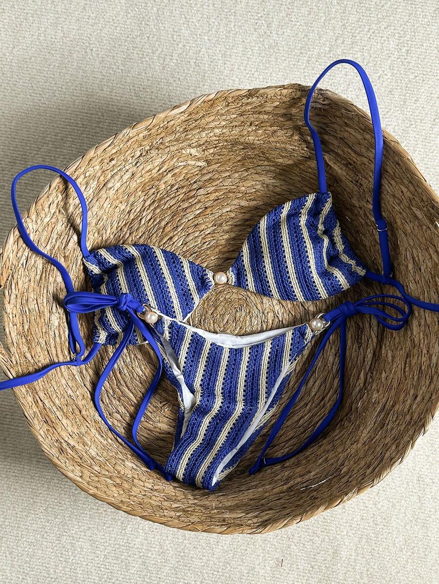 Swim Mod Set de 2 piezas: Top de tirantes finos con decoración de perlas y metal y shorts de natación con lazada lateral, traje de baño para vacaciones de verano en la playa - Multicolor - Ver 1