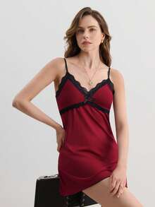 Hourtrue Contrast Lace Bow Front Cami Pajama Nightdress - Burgundy - View 8