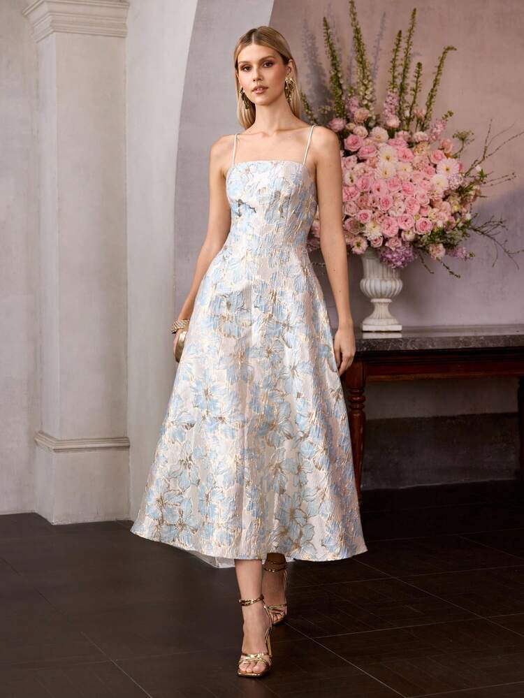 FASHIONABLE & ELEGANT SPAGHETTI STRAP JACQUARD A-LINE FITTED SLIMMING DRESS FOR WOMEN